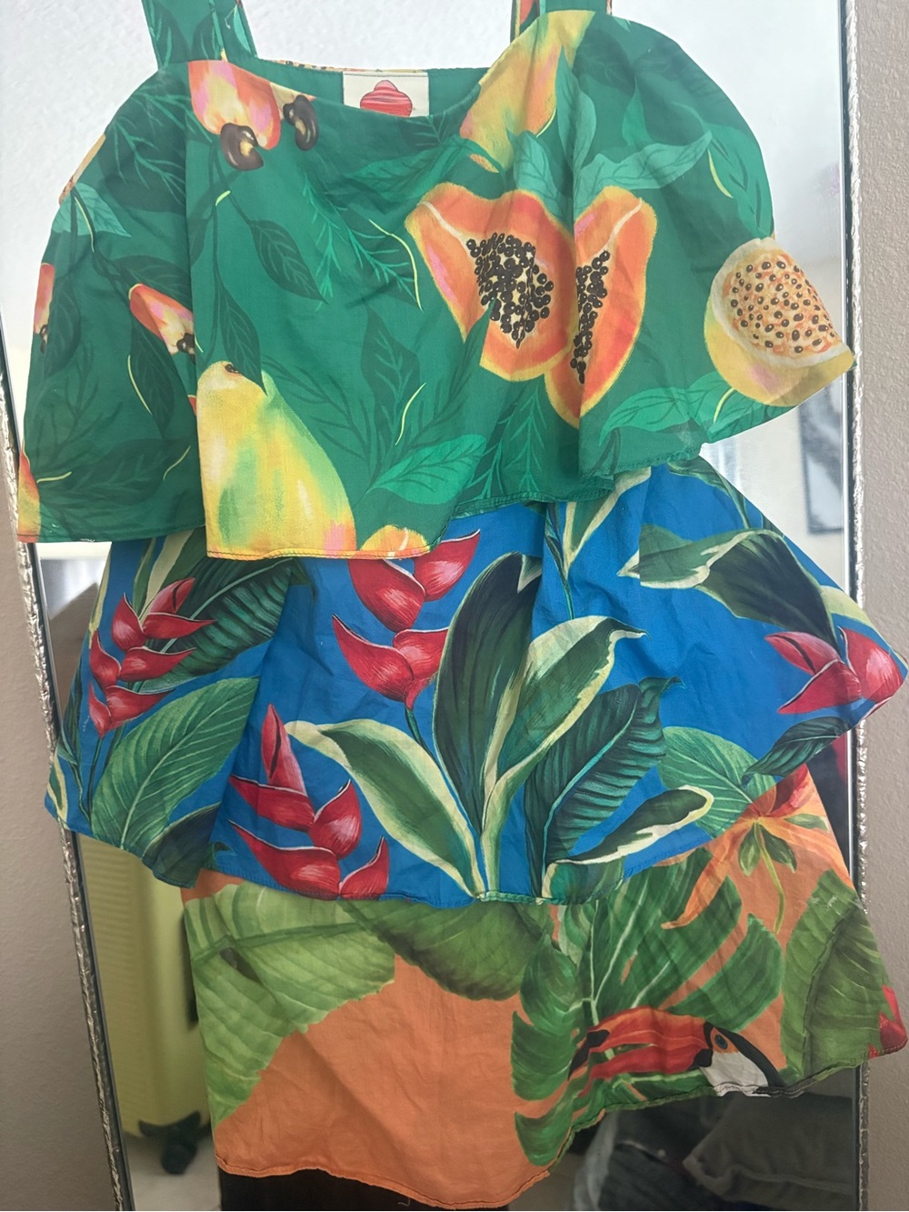 Farm rio Tropical Tiered Mini Dress with Toucan Print - Green, Blue, Yellow - Picture 4 of 7